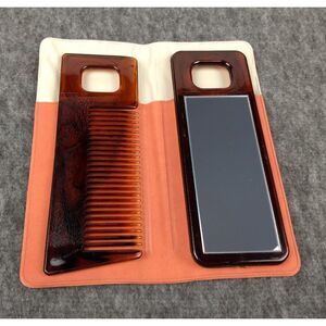 Comb & Mirror Purse Set Orange Storage Case Faux Tortoise VTG 70s/80s Travel NEW